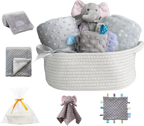 Miniatura 14 de CREVENT Set de regalo de bienvenida para bebé con cesta de almacenamiento con 2 mantas + 1 manta de seguridad + 1 etiqueta + 1 bolsa de regalo