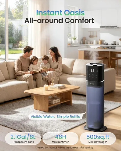 Miniatura 2 de Humidificador inteligente para habitación grande, humidificadores de 2.1 galón/8 litros para dormitorio con tubo extendido y luz nocturna, Azul
