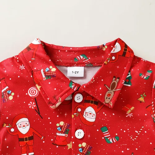 Miniatura 4 de JEELLIGULAR Conjunto de pantalones cortos y camisa con botones y estampado de Papá Noel para niños pequeños