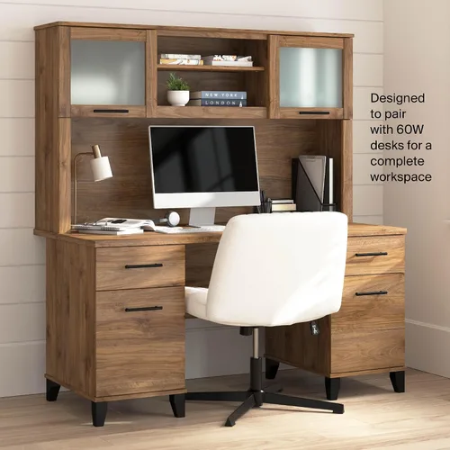 Miniatura 5 de Bush Home Colector de escritorio de 60 pulgadas, organizador de almacenamiento de oficina con estantes, cubos y puertas de vidrio esmerilado