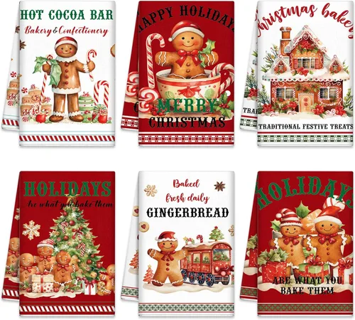 Miniatura 10 de Oudain Juego de 6 paños de cocina de Navidad, toalla de cocina de Navidad, búfalo azul, a cuadros, alce, muñeco de nieve, casa de nieve, camión