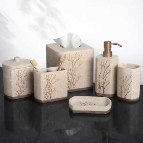 Miniatura 10 de Decozen Juego de 6 accesorios de baño, dispensador de jabón, soportes para cepillos de dientes, vaso, jabonera y tarro de hisopo de algodón