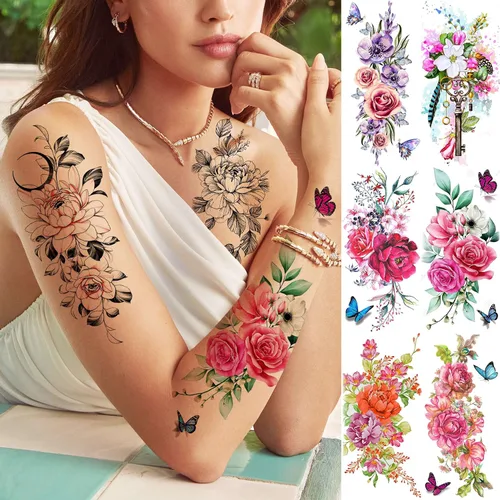 Miniatura 4 de TASROI 18 hojas de tatuajes temporales de flores sexys para mujeres, niñas y adultos, tatuajes falsos de arte corporal para el brazo, tatuajes