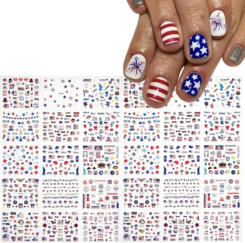 Miniatura 6 de 30 hojas de calcomanías de uñas del 4 de julio para arte de uñas, Día de la Independencia, calcomanías de arte en 3D, autoadhesivas, bandera