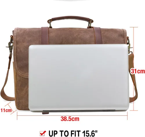 Miniatura 7 de Bolso mensajero para hombre de 15.6 pulgadas, impermeable, de cuero auténtico, encerado, maletín de lona grande, bolso de hombro de cuero resistente