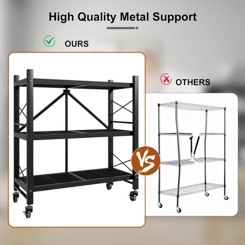 Miniatura 5 de Grezone Estantes plegables de 3 niveles de almacenamiento de metal resistente con ruedas – No se ensambla unidad de estantería plegable para cocina