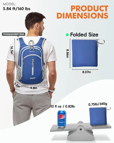 Miniatura 5 de Seektop Mochila de senderismo pequeña de 15 L para viajes, impermeable, ligera, bolsa de senderismo para mujeres y hombres Azul marino