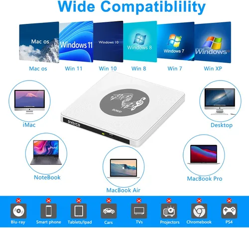 Miniatura 7 de BUNUD Unidad externa de CD y DVD: USB C y USB 3.0 Grabador de CD Reproductor de DVD para PC portátil Windows 11 Mac Linux - Escritor lector