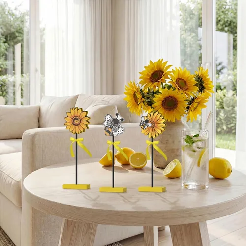 Miniatura 7 de Smile - 3 piezas de decoración de madera para interiores, estilo de abeja de girasol, centros de mesa de verano para el hogar, cocina, exhibición
