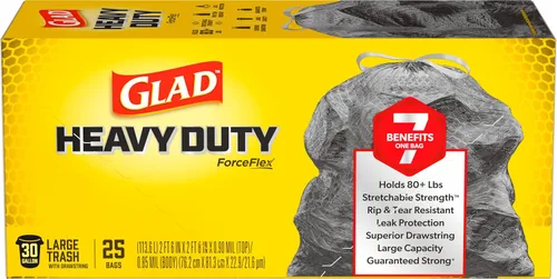 Glad ForceFlex - Bolsas de basura grandes y resistentes, con capacidad para más de 80 libras, 30 galones, 25 unidades (el paquete puede variar)