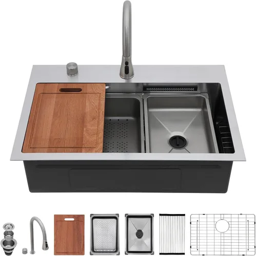 Miniatura 2 de Sarlai - Fregadero de cocina de cascada de 31 pulgadas, de montaje superior - 31x20 Fregadero de cocina con borde y estación de trabajo, de acero