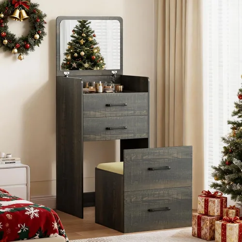 Miniatura 24 de Escritorio de tocador 3 en 1 con espejo abatible y luces, mesa de tocador de maquillaje con parte superior de vidrio con estación de carga, tocador