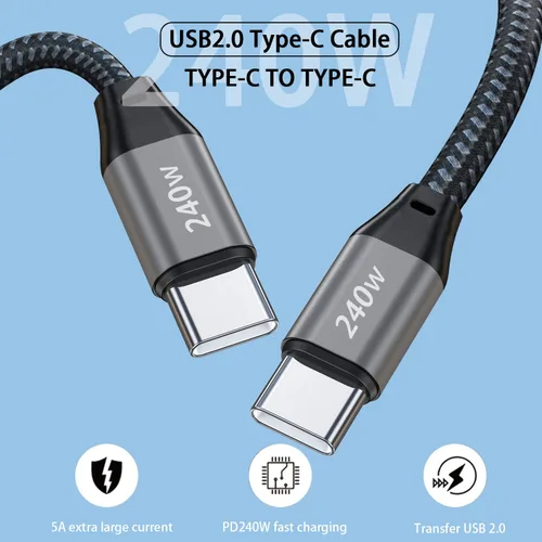 Miniatura 6 de Cable de carga súper rápida USB C a USB C de 20 pies y 240 W, cable de carga trenzado de nailon tipo C a tipo C compatible con iPhone 15, iPad Air