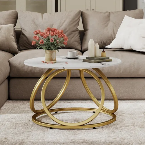 Miniatura 4 de O&K FURNITURE Mesa auxiliar redonda dorada, parte superior de mármol sintético con venas, mesa central moderna con marco de metal dorado, para sala