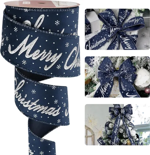 Miniatura 11 de HUIHUANG Cinta con alambre con purpurina de copo de nieve, cinta de copo de nieve azul y blanca para árbol de Navidad, 2-1/2 pulgadas x 25 yardas