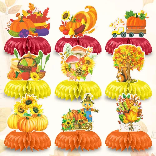 Miniatura 9 de Centros de mesa de nido de abeja de feliz otoño, centros de mesa de panal 3D, decoración de cosecha de espantapájaros, camión, calabaza, girasol