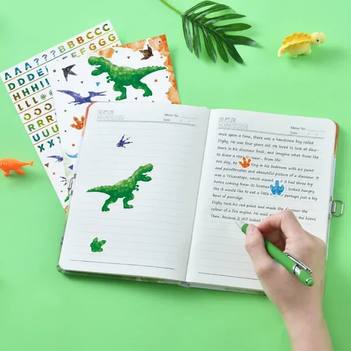 Miniatura 3 de WERNNSAI Diario Luminoso de Dinosaurio para Niños, Diario Secreto con Llaves de Cerradura, Cuaderno con Bolígrafo y Calcomanías, Regalo