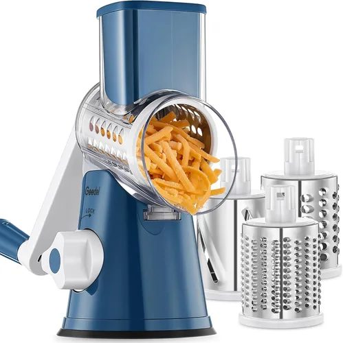 Miniatura 15 de Rallador de queso giratorio Geedel con 3 cuchillas intercambiables, rallador de mandolina de cocina para verduras, frutas, nueces, fácil de limpiar