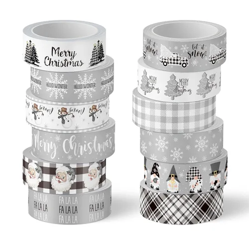 Whaline 12 Rollos de Cinta Washi de Navidad Gris Estilo Granja Cinta Washi Surtida Xmas Cinta de Papel Decorativa de Enmascarar para Fiestas y