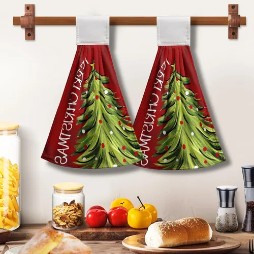 Miniatura 9 de Toallas de cocina colgantes con diseño de árbol de Navidad, color rojo y verde, toalla de mano de Navidad con lazo para colgar, toallas de cocina