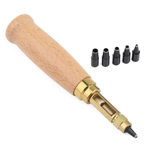 Miniatura 9 de Mnuizu Perforadora japonesa ajustable, 6 tamaños de punta perforadora de cuero ajustable, mango de madera, agujero para cinturón, herramienta