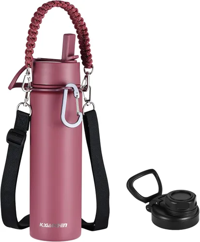 Miniatura 13 de KXIAOCHEN Botella de agua aislada, botella de agua de acero inoxidable, 2 tapas (con pajilla y tapa con asa), botellas de agua metálicas de boca