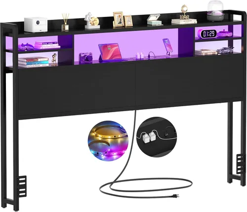 Miniatura 13 de Aheaplus Cabecero para cama de tamaño individual con almacenamiento, cabeceros con luz LED, tomas de corriente, puertos USB, tamaño individual