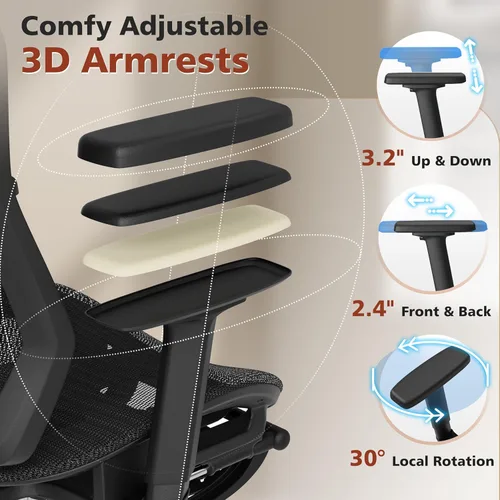 Miniatura 6 de Silla de oficina ergonómica con reposapiés, silla de escritorio cómoda con soporte lumbar ajustable 3D y reposabrazos y reposacabezas, inclinación