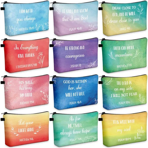 Miniatura 10 de Chunful 12 Piezas Regalos Cristianos Inspiradores Bolsas de Maquillaje Religiosas a Granel para Mujeres Bolsa de Cosméticos con Versículos Bíblicos