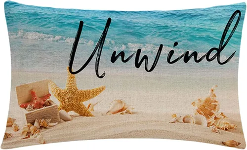 Miniatura 4 de Juego de 4 fundas de almohada de playa de verano con estrellas de mar y océano azul, rectangular, fundas de cojín de cintura con temática náutica