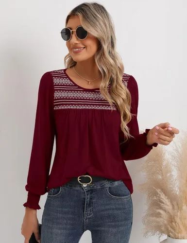 Miniatura 4 de LOMON Blusas de verano para mujer, de manga corta, estilo bohemio, bordado, informal, de algodón