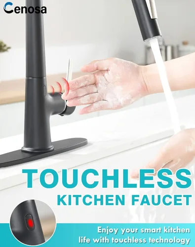 Miniatura 3 de Grifo de cocina negro sin contacto con adaptador de CA, sensor de movimiento inteligente, manos libres, grifo de fregadero de cocina de una sola