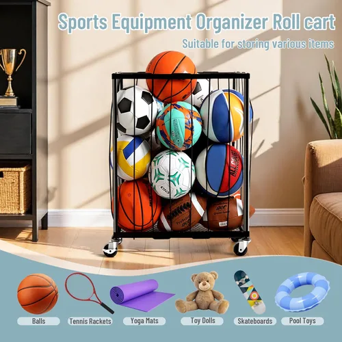 Miniatura 4 de TomCare Estante de almacenamiento rodante para pelotas de garaje, soporte de baloncesto de gran capacidad con cuerda elástica