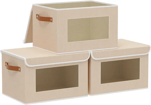 Miniatura 16 de Cesta de almacenamiento de tela con tapa, organizador decorativo de lino para armario, caja de almacenamiento de 15 x 9.8 x 9.8 pulgadas con asas