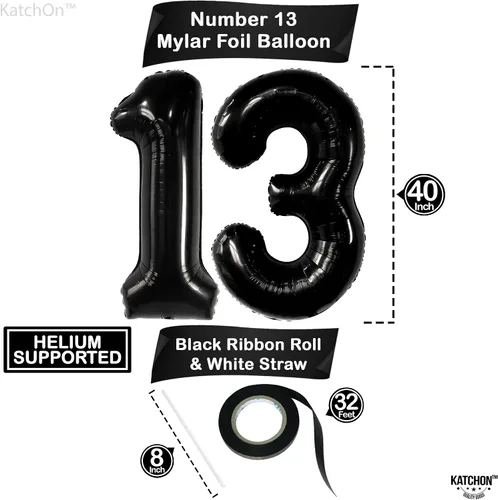 Miniatura 2 de KatchOn, Globos negros enormes del número 13, 40 pulgadas, globo negro de cumpleaños número 13 para decoraciones de cumpleaños de 13 para niños