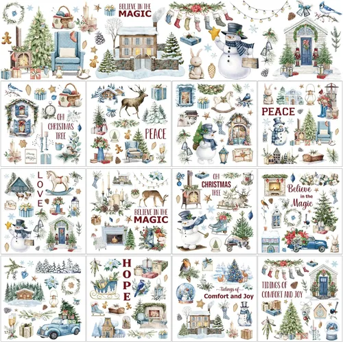 Miniatura 18 de BBTO 12 hojas de transferencia de Navidad para manualidades y muebles, calcomanías de transferencia de Navidad, calcomanías de invierno para madera