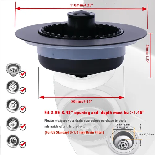 Miniatura 3 de Colador de drenaje para fregadero de cocina 3 en 1, tapón de fregadero desplegable de acero inoxidable 304, tapón de drenaje antiobstrucción, Negro