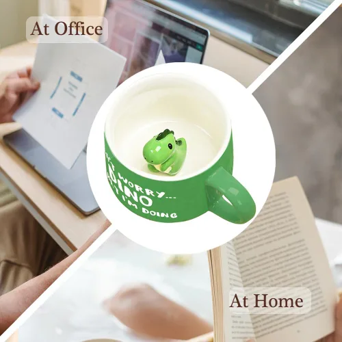 Miniatura 6 de BigNoseDeer Taza Bonita de Dinosaurio Taza de Café de Cerámica con Dinosaurio de Dibujos Animados 3D en el Interior, Tazas Divertidas con Tapa
