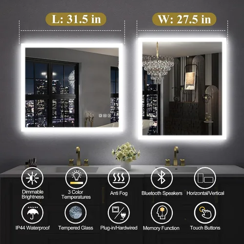 Miniatura 4 de SBAGNO - Espejo de baño LED con luces, 32 x 28 pulgadas, borde 3D, espejo de pared con Bluetooth, antivaho, atenuación continua, 3 colores, espejo