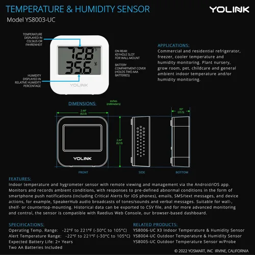 Miniatura 9 de YoLink Sensor inalámbrico inteligente de temperatura y humedad, amplio rango de temperatura para refrigerador, invernadero, jaula de mascotas