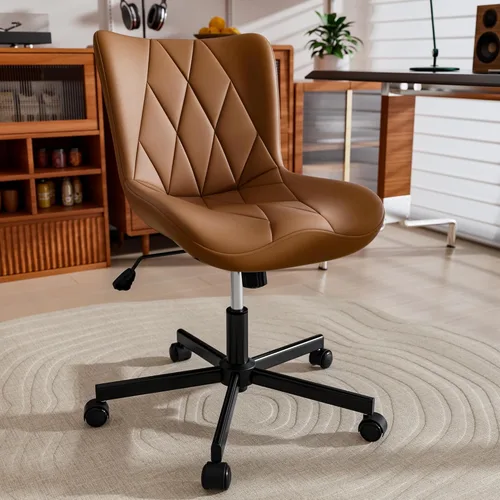 Silla de escritorio sin brazos de cuero marrón, cojín ergonómico suave, altura ajustable, balanceo, oficina en casa