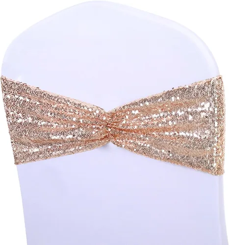 Miniatura 11 de SquarPie - Paquete de 50 bandas para silla, de elastano elástico dorado, lazos de lentejuelas unilaterales para decoración de bodas, fiestas