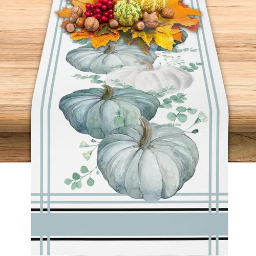 Miniatura 2 de GOOESING Camino de mesa de otoño, calabazas azules y blancas, hojas de eucalipto, caminos de mesa de otoño, Acción de Gracias, cocina, comedor
