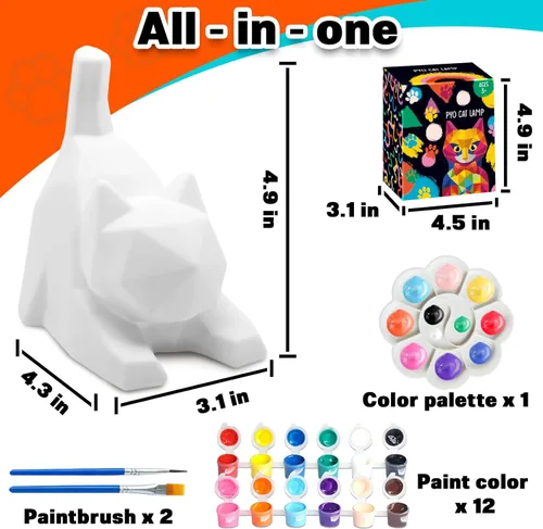Miniatura 3 de FUNZBO Kit de lámpara para pintar tu propio gato de 4.3 pulgadas, suministros de pintura para niños y adolescentes, juguete de luz nocturna