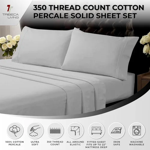 Miniatura 3 de Tribeca Living Juego de sábanas y fundas de almohada de percal de algodón egipcio fresco y suave, tamaño California King, bolsillo extra profundo