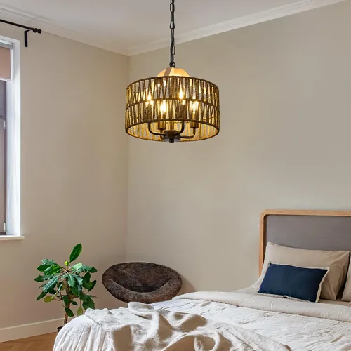 Miniatura 7 de Lámpara antigua para comedor, lámpara colgante de ratán de 4 luces con pantalla de tambor, luz colgante de techo de mimbre tejida ajustable, lámpara