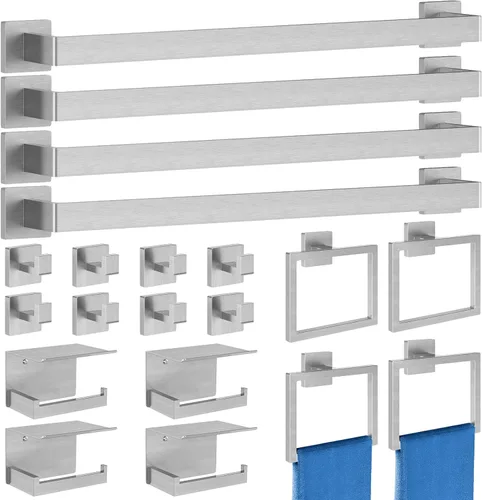 Miniatura 8 de STWWO Juego de 20 piezas de accesorios de baño negro mate, juego de toallas de baño de 24 pulgadas, toalleros de acero inoxidable para baño montado
