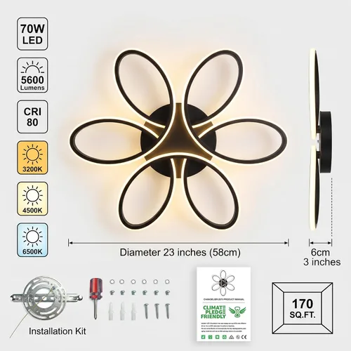 Miniatura 6 de Moderna lámpara LED de techo, 23 pulgadas, 70 W, con control remoto/aplicación, lámpara de montaje empotrado regulable para sala de estar, comedor