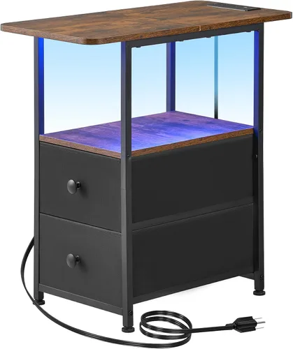 Miniatura 19 de DALEMHOME Mesa auxiliar estrecha con estación de carga, mesa auxiliar estrecha con cajón, mesita de noche pequeña con luz LED, mesita de noche Negro