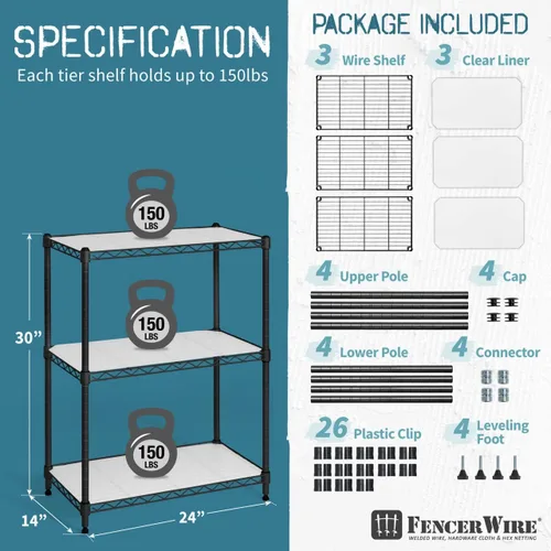 Miniatura 3 de Fencer Wire NSF Estantería de alambre de altura ajustable con forro, estantería de almacenamiento de sótano, estantes de almacenamiento de acero